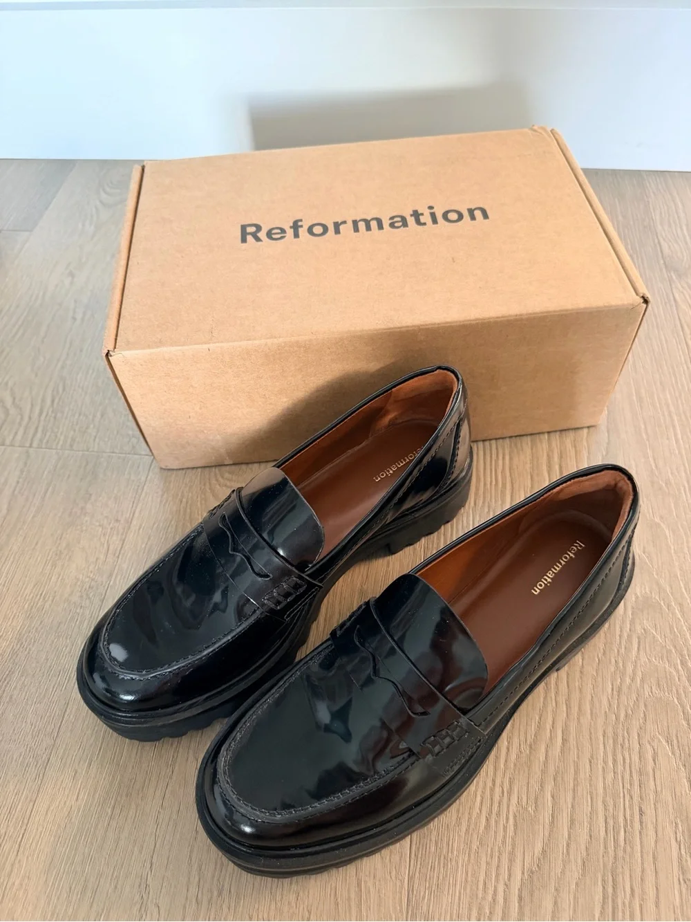 Reformation Black Patent Lug-Sole Penny Loafers